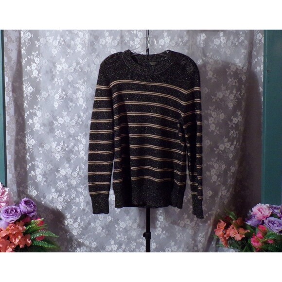 Charter Club Cashmere Blend Sweater Size XL Black Gold Stripes Cozy Soft Glam - Picture 1 of 6